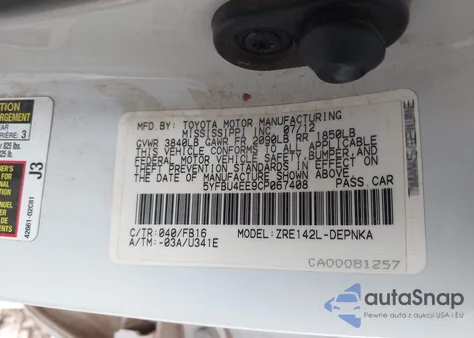 2012 Toyota Corolla Le из США, поврежденный, VIN 5YFBU4EE9CP067408